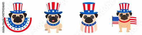 A Pug Dog wear uncle sam hat and red white blue American flag overlay on scraf. Independence Day 4th of July Patriotism Usa America Clipart Line Art Vector Illustration. Patriotic canine.