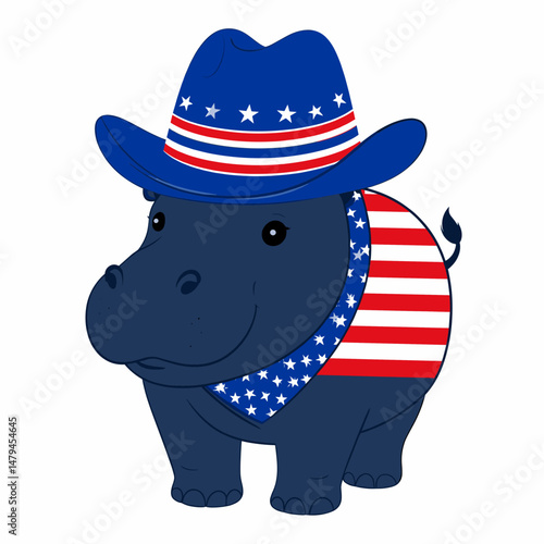 A Pygmy hippo as cowboy wear hat and red white blue American flag overlay on. Independence Day 4th of July Patriotism Usa America Clipart Line Art Vector Illustration. Diminutive rancher.