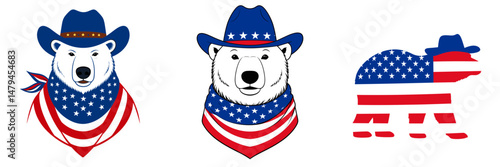 A Polar Bear as cowboy wear hat and red white blue American flag overlay on. Independence Day 4th of July Patriotism Usa America Clipart Line Art Vector Illustration. Arctic mammal.
