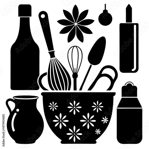 Holiday baking tools and ingredients silhouette vector illustration 