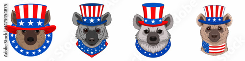 A Hyena wear uncle sam hat and red white blue American flag overlay on scraf. Independence Day 4th of July Patriotism Usa America Clipart Line Art Vector Illustration. Grinning canine.