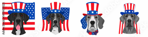 A Great Dane Dog wear uncle sam hat and red white blue American flag overlay on scraf. Independence Day 4th of July Patriotism Usa America Clipart Line Art Vector Illustration. Patriotic.