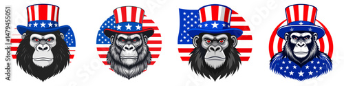 A Gorilla wear uncle sam hat and red white blue American flag overlay on scraf. Independence Day 4th of July Patriotism Usa America Clipart Line Art Vector Illustration. Primate in patriotic.