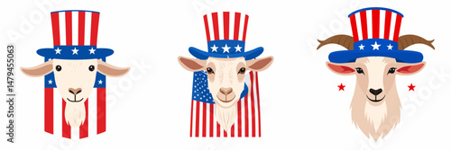 A Goat wear uncle sam hat and red white blue American flag overlay on scraf. Independence Day 4th of July Patriotism Usa America Clipart Line Art Vector Illustration. Billy in patriotic.