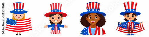 A girl wear uncle sam hat and red white blue American flag overlay on scraf. Independence Day 4th of July Patriotism Usa America Clipart Line Art Vector Illustration. Young woman patriot.