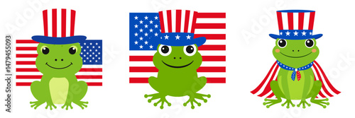 A Frog wear uncle sam hat and red white blue American flag overlay on scraf. Independence Day 4th of July Patriotism Usa America Clipart Line Art Vector Illustration. Amphibian in patriotic.