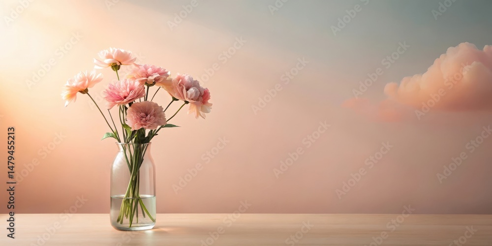 A serene bouquet of delicate pink blossoms in a clear glass vase, bathed in soft sunlight against a pastel backdrop A serene bouquet of delicate pink blossoms in a clear glass vase, bathed in soft sunlight against a pastel backdrop