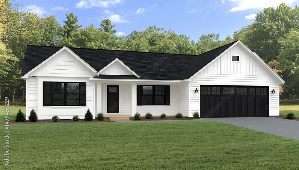 Obraz premium Exterior view of a modern farmhouse design.