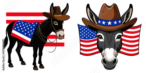 A Donkey as cowboy wear hat and red white blue American flag overlay on scraf. Independence Day 4th of July Patriotism Usa America Clipart Line Art Vector Illustration. Equine in western.