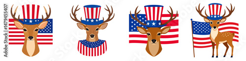 A Deer wear uncle sam hat and red white blue American flag overlay on scraf. Independence Day 4th of July Patriotism Usa America Clipart Line Art Vector Illustration. Patriotic cervidae.