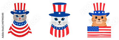 A Domestic Shorthair Cat wear uncle sam hat and red white blue American flag overlay. Independence Day 4th of July Patriotism Usa America Clipart Line Art Vector Illustration. Feline.