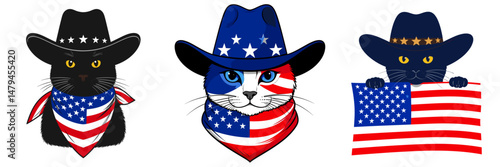 A Domestic Shorthair Cat as cowboy wear hat and red white blue American flag. Independence Day 4th of July Flag Patriotism Usa America Clipart Line Art Vector Illustration. Feline in western.