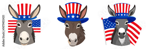 A Donkey wear uncle sam hat and red white blue American flag overlay on scraf. Independence Day 4th of July Patriotism Usa America Clipart Line Art Vector Illustration. Patriotic burro.