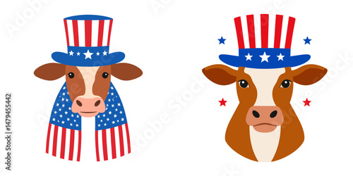 A Cow wear uncle sam hat and red white blue American flag overlay on scraf. Independence Day 4th of July Patriotism Usa America Clipart Line Art Vector Illustration. Bovine donning patriotic.