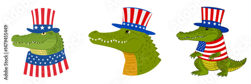 A Crocodile wear uncle sam hat and red white blue American flag overlay on scraf. Independence Day 4th of July Patriotism Usa America Clipart Line Art Vector Illustration. Reptilian.