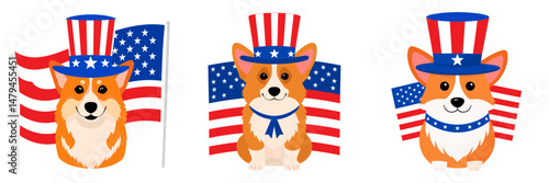 A Corgi Dog wear uncle sam hat and red white blue American flag overlay on scraf. Independence Day 4th of July Patriotism Usa America Clipart Line Art Vector Illustration. Patriotic canine.