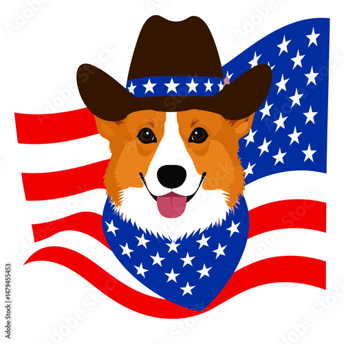 A Corgi Dog as cowboy wear hat and red white blue American flag overlay on. Independence Day 4th of July Patriotism Usa America Clipart Line Art Vector Illustration. Patriotic welsh puppy.