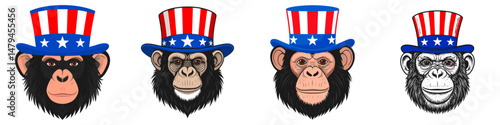 A Chimpanzee wear uncle sam hat and red white blue American flag overlay on scraf. Independence Day 4th of July Patriotism Usa America Clipart Line Art Vector Illustration. Ape in patriotic.