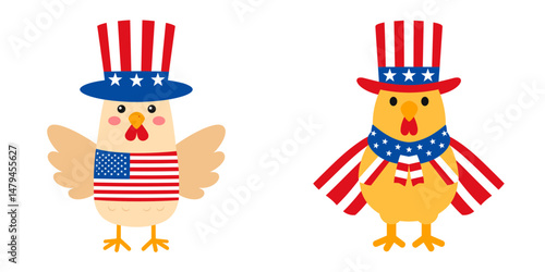 A Chicken wear uncle sam hat and red white blue American flag overlay on scraf. Independence Day 4th of July Patriotism Usa America Clipart Line Art Vector Illustration. Fowl in patriotic.