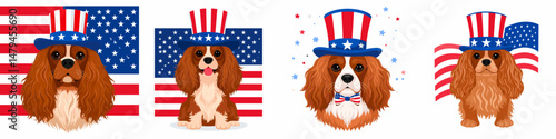 A Cavalier King Charles Spaniel Dog wear uncle sam hat and red white blue American. Independence Day 4th of July American Flag Patriotism Usa America Clipart Line Art Vector Illustration.
