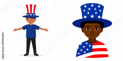 A boy wear uncle sam hat and red white blue American flag overlay on scraf. Independence Day 4th of July Patriotism Usa America Clipart Line Art Vector Illustration. Young kid in patriotic.