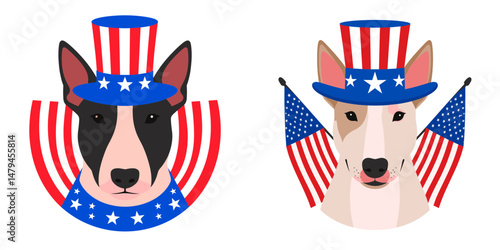 A Bull Terrier Dog wear uncle sam hat and red white blue American flag overlay on. Independence Day 4th of July Patriotism Usa America Clipart Line Art Vector Illustration. Canine pet.