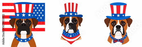 A Boxer Dog wear uncle sam hat and red white blue American flag overlay on scraf. Independence Day 4th of July Patriotism Usa America Clipart Line Art Vector Illustration. Canine pet.