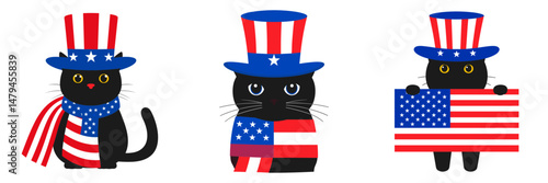A Black Cat wear uncle sam hat and red white blue American flag overlay on scraf. Independence Day 4th of July Patriotism Usa America Clipart Line Art Vector Illustration. Patriotic feline.