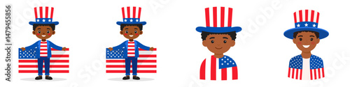 A black boy wear uncle sam hat and red white blue American flag overlay on scraf. Independence Day 4th of July Patriotism Usa America Clipart Line Art Vector Illustration. Youthful african.