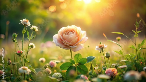 A single, delicate pale rose blossoms in a sunlit meadow, surrounded by a profusion of wildflowers bathed in the golden hour light