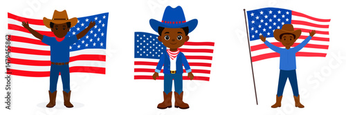 A black boy as cowboy wear hat and red white blue American flag overlay on. Independence Day 4th of July Patriotism Usa America Clipart Line Art Vector Illustration. Young african lad.