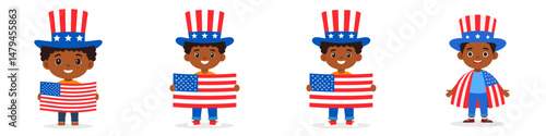 A black boy wear uncle sam hat and red white blue American flag overlay on scraf. Independence Day 4th of July Patriotism Usa America Clipart Line Art Vector Illustration. Patriotic child.