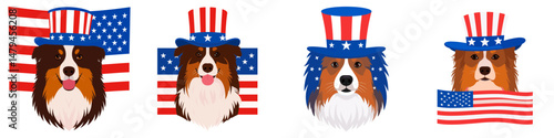 A Australian Shepherd Dog wear uncle sam hat and red white blue American flag overlay. Independence Day 4th of July Patriotism Usa America Clipart Line Art Vector Illustration. Patriotic.