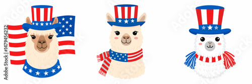 A Alpaca wear uncle sam hat and red white blue American flag overlay on scraf. Independence Day 4th of July Patriotism Usa America Clipart Line Art Vector Illustration. Patriotic in stars.