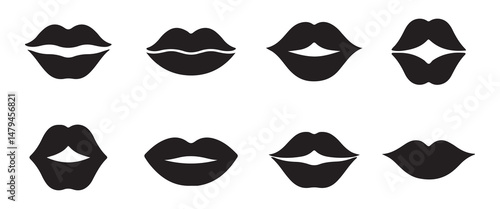 Icons of female lips. Girl mouth close up expressing different emotions symbol collection. Vector illustration