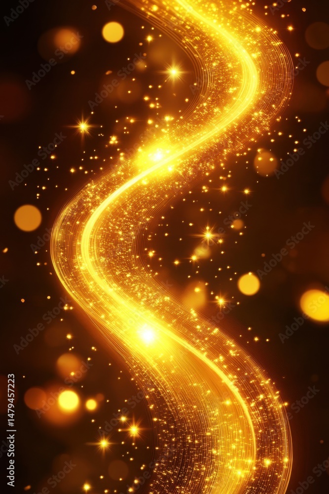 Obraz premium Golden light streaks flow in a vertical abstract composition with bokeh and sparkle effects for festive backgrounds