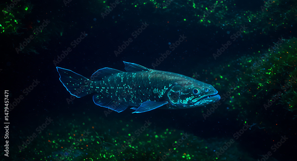 Naklejka premium Ancient coelacanth underwater beauty a living fossil gracefully swims through deep ocean darkness