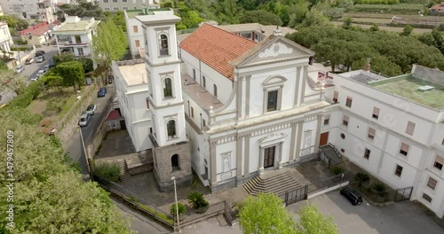Aerial view of the sanctuary of the Sacred Heart located in Castellammare di Stabia, in the hilly area of ​​the city. It is a monumental church in the province of Naples, Campania, Italy.