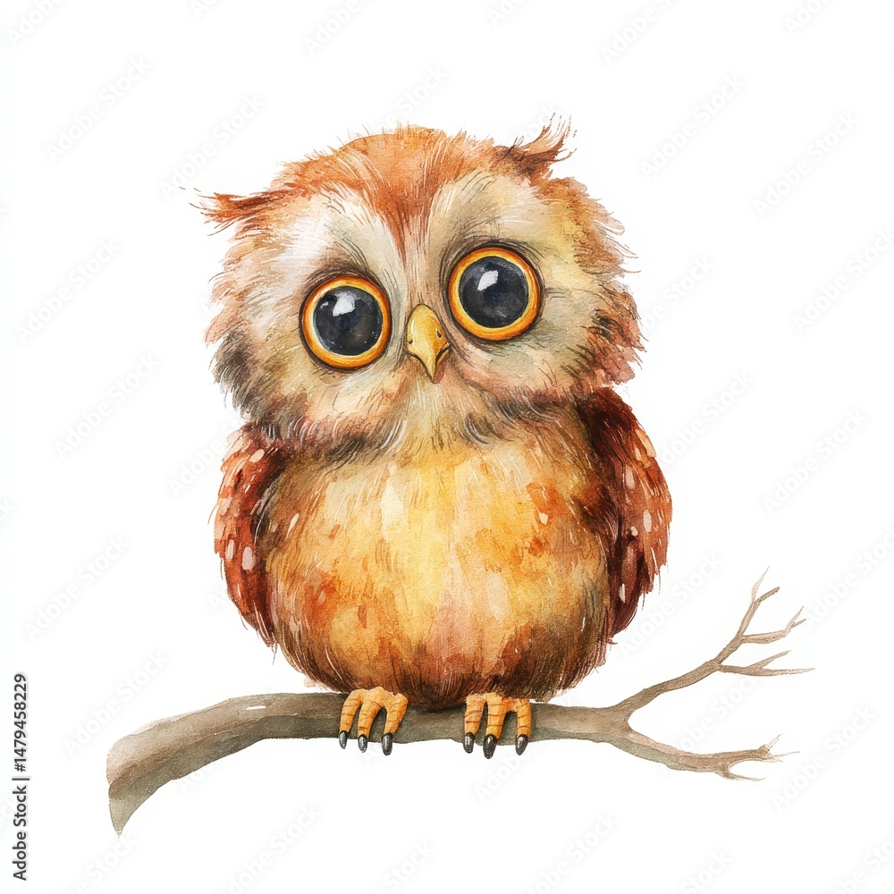 Naklejka premium Adorable Watercolor Cartoon Owl Illustration