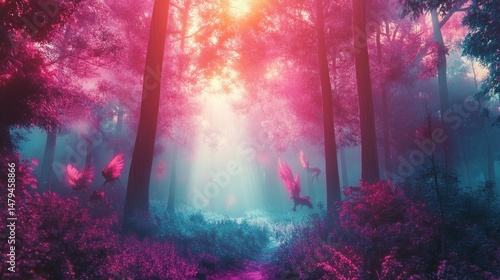 Fototapeta Naklejka Na Ścianę i Meble -  Enchanted Forest, A whimsical landscape with winged equines in vivid hues