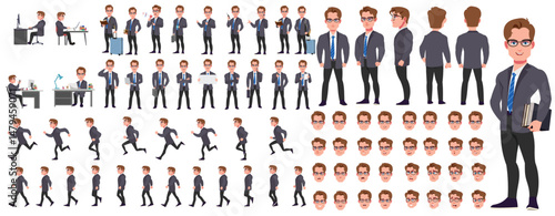 Man Character design. Front, side, back view and explainer animation poses. Character set with lip sync and facial expressions of Happy, angry, sad, Joy with Side walk cycle animation sequence sprite 