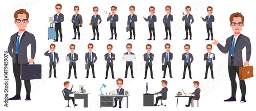 Man Character design. Front, side, back view and explainer animation poses. Character set with lip sync and facial expressions of Happy, angry, sad, Joy with Side walk cycle animation sequence sprite 