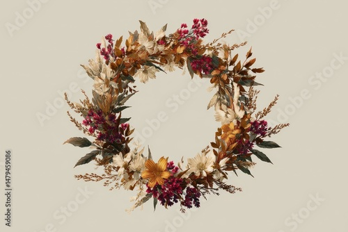 Circular arrangement of dried flowers and leaves.