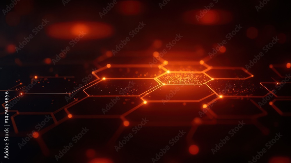 Fototapeta premium Glowing hexagonal grid with orange light on dark background, futuristic digital backdrop with illuminated honeycomb pattern and abstract tech concept.