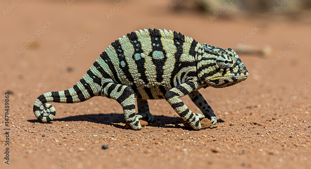 Fototapeta premium Stunning Striped Chameleon walking on desert sand amazing reptile wildlife beauty