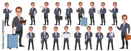 Man Character design. Front, side, back view and explainer animation poses. Character set with lip sync and facial expressions of Happy, angry, sad, Joy with Side walk cycle animation sequence sprite 