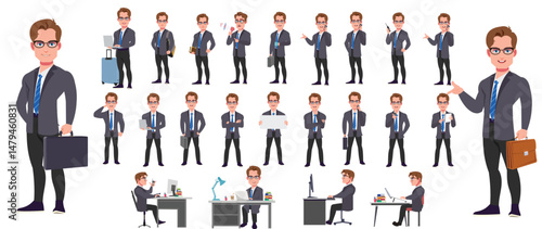 Man Character design. Front, side, back view and explainer animation poses. Character set with lip sync and facial expressions of Happy, angry, sad, Joy with Side walk cycle animation sequence sprite 