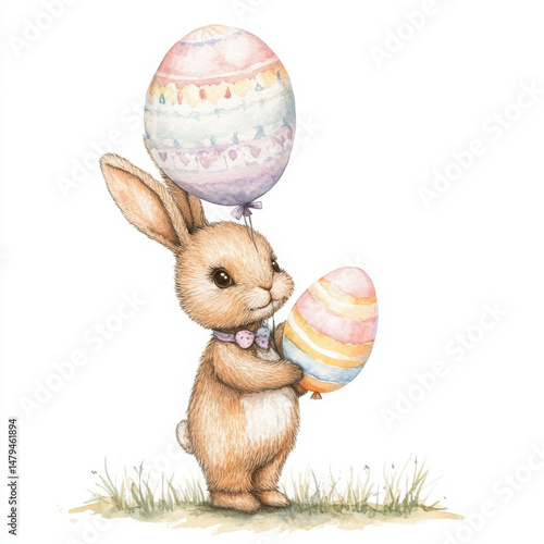 Cute bunny with egg,balloon in realistic style feels festive and happy