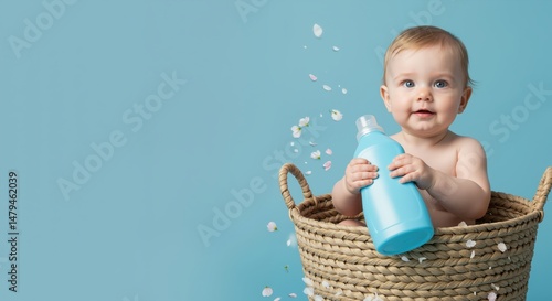 Baby sitting in wicker basket while holding blue bottle against blue background  