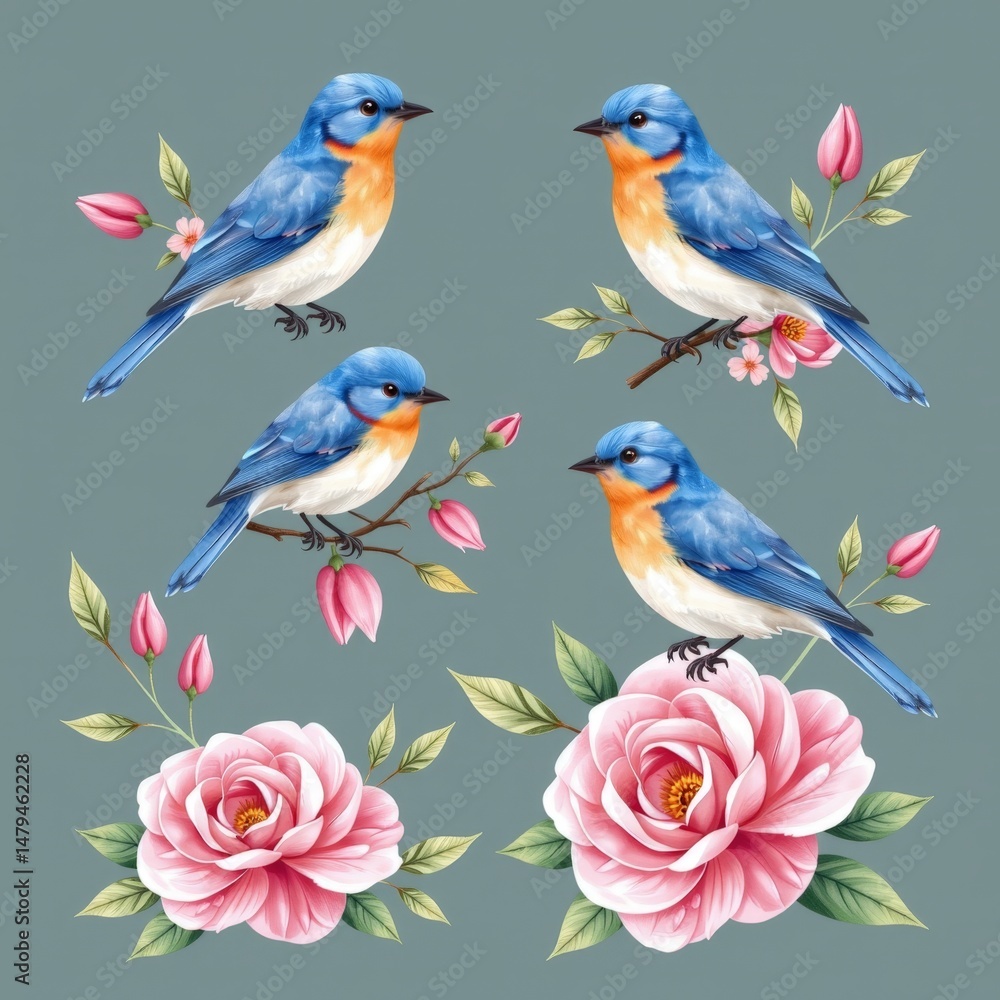 Fototapeta premium Vibrant Watercolor Bluebirds Among Floral Elements on Gray Background